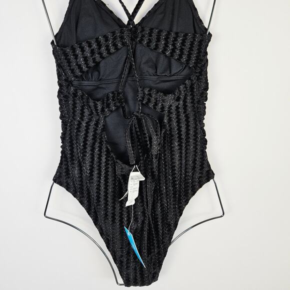 New Cupshe Metallic Black Plunge Ruched One-Piece Swim Suit Size Small Padded - Picture 5 of 15
